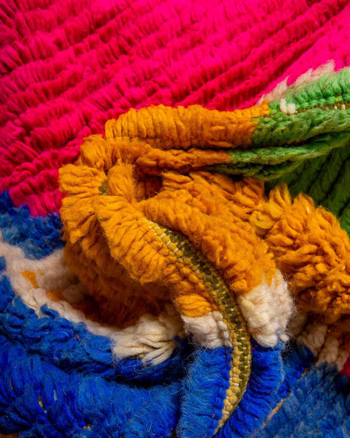 Modern, designer, handcrafted Berber rug from Morocco. Vintage carpet with beautiful colours and patterns and fluffy texture.